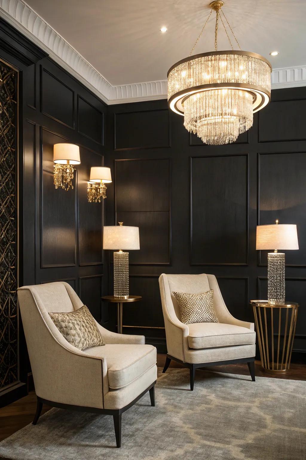 A room where stylish lighting fixtures accentuate the striking black focus wall.