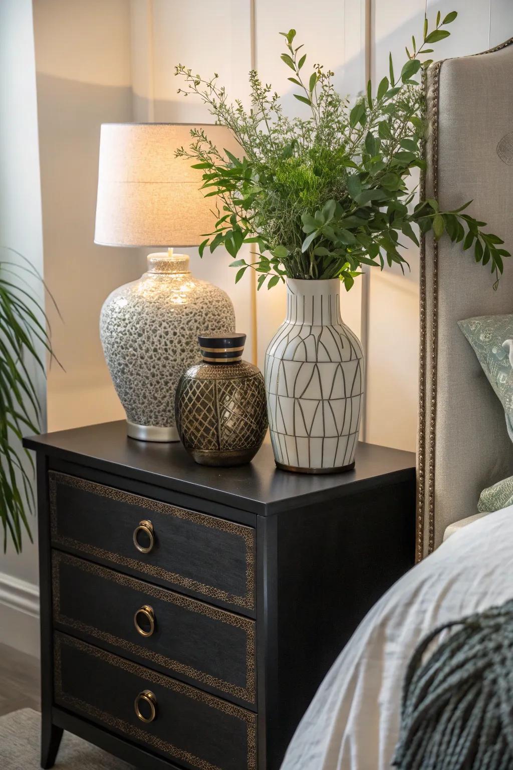 Ornamental vessels and greenery add vibrancy and color.