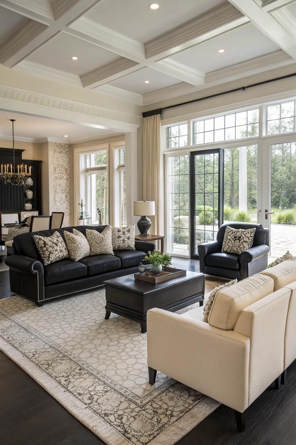 An unrestricted arrangement enhances the luxurious feel of an ebony and ivory living room.