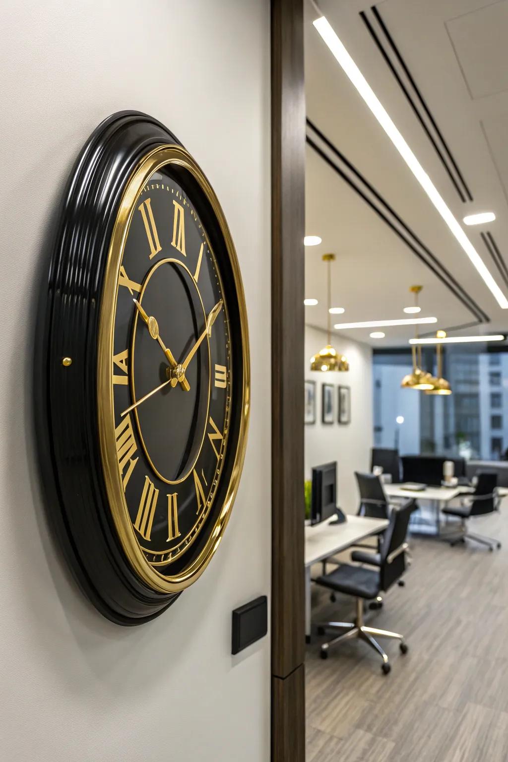 An ebony and gilded clock presents a timeless enhancement to your décor.