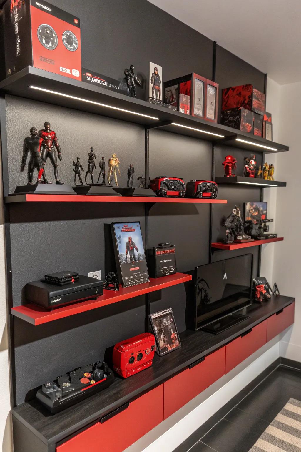 Floating shelves in black and red are ideal for presenting gaming collectibles.