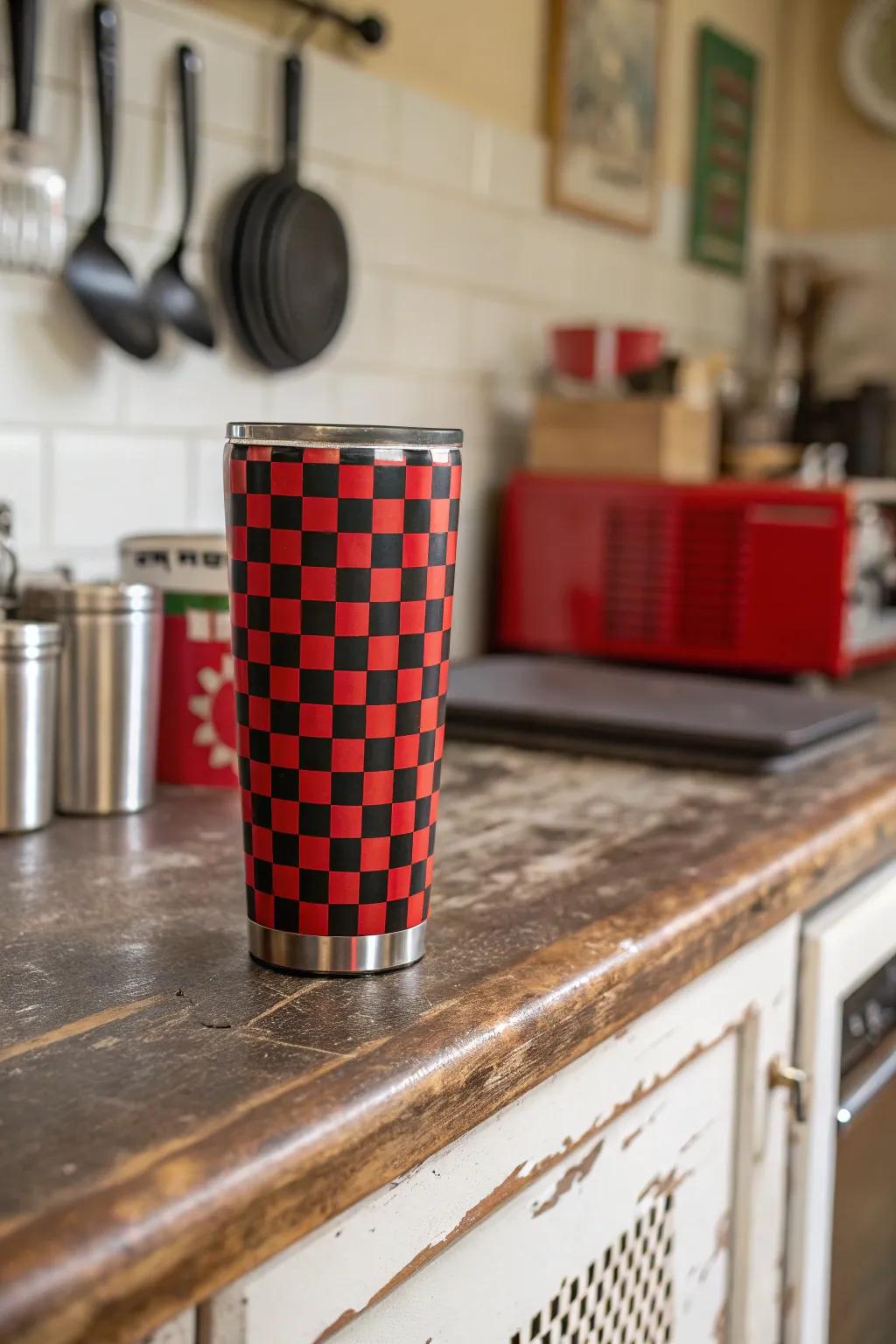 A retro checkerboard tumbler that adds a nostalgic touch.