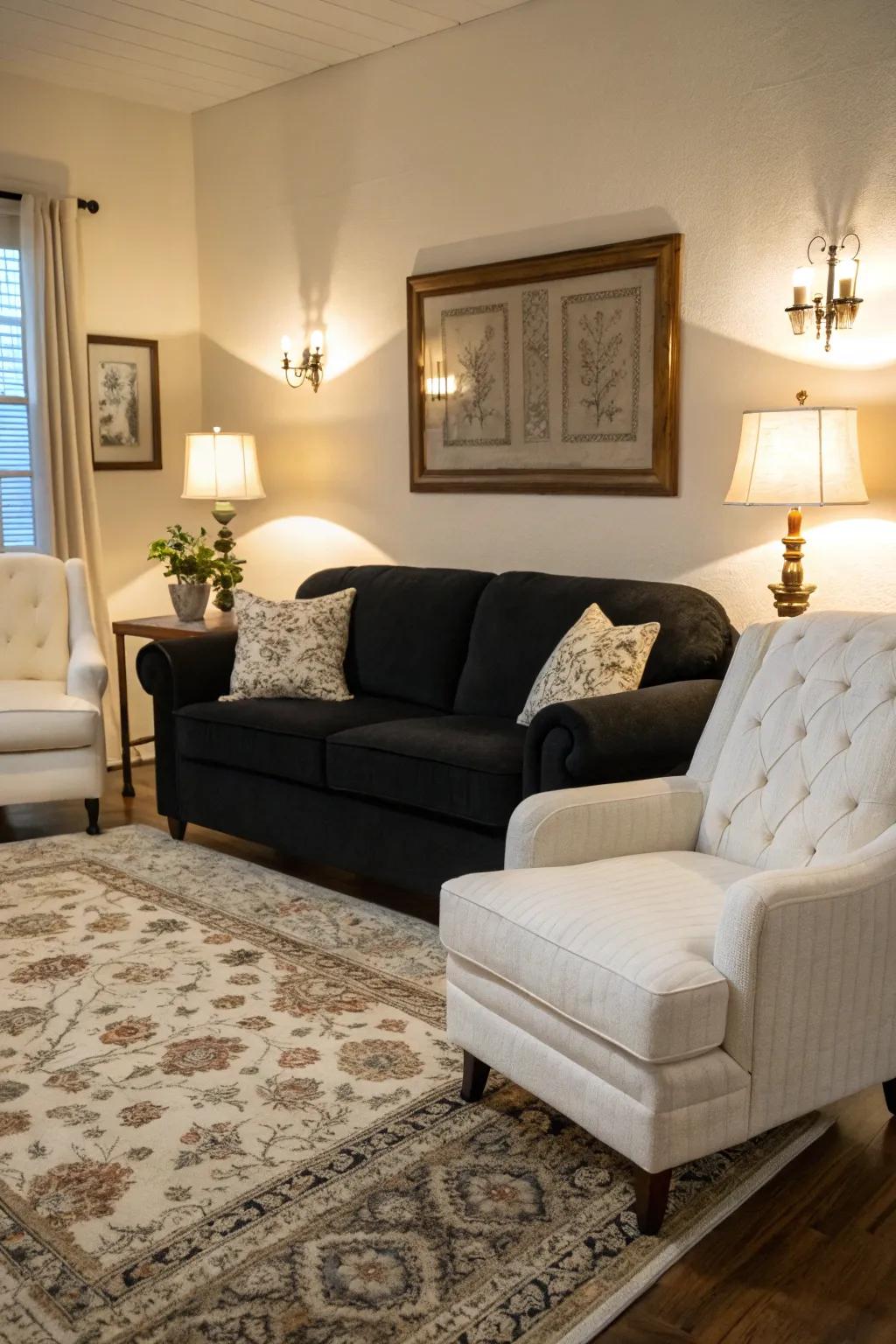A living space with contrasting furnishings, including a dark couch and pale chairs.