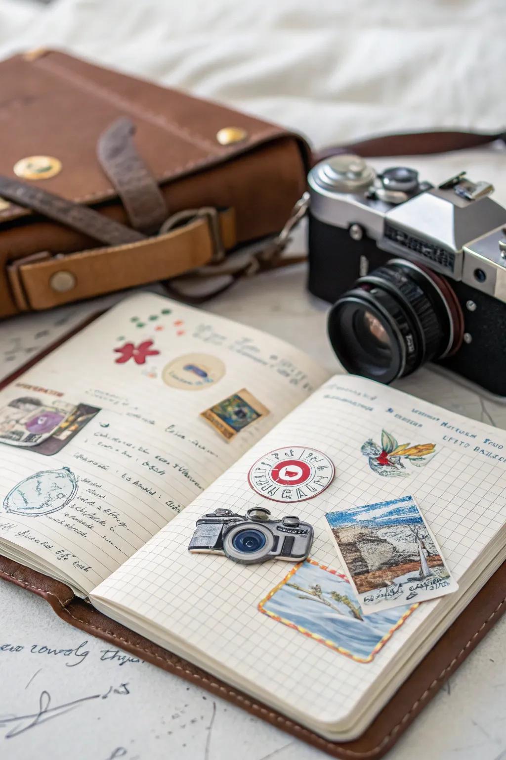 Camera decals complementing a travel-inspired journal.
