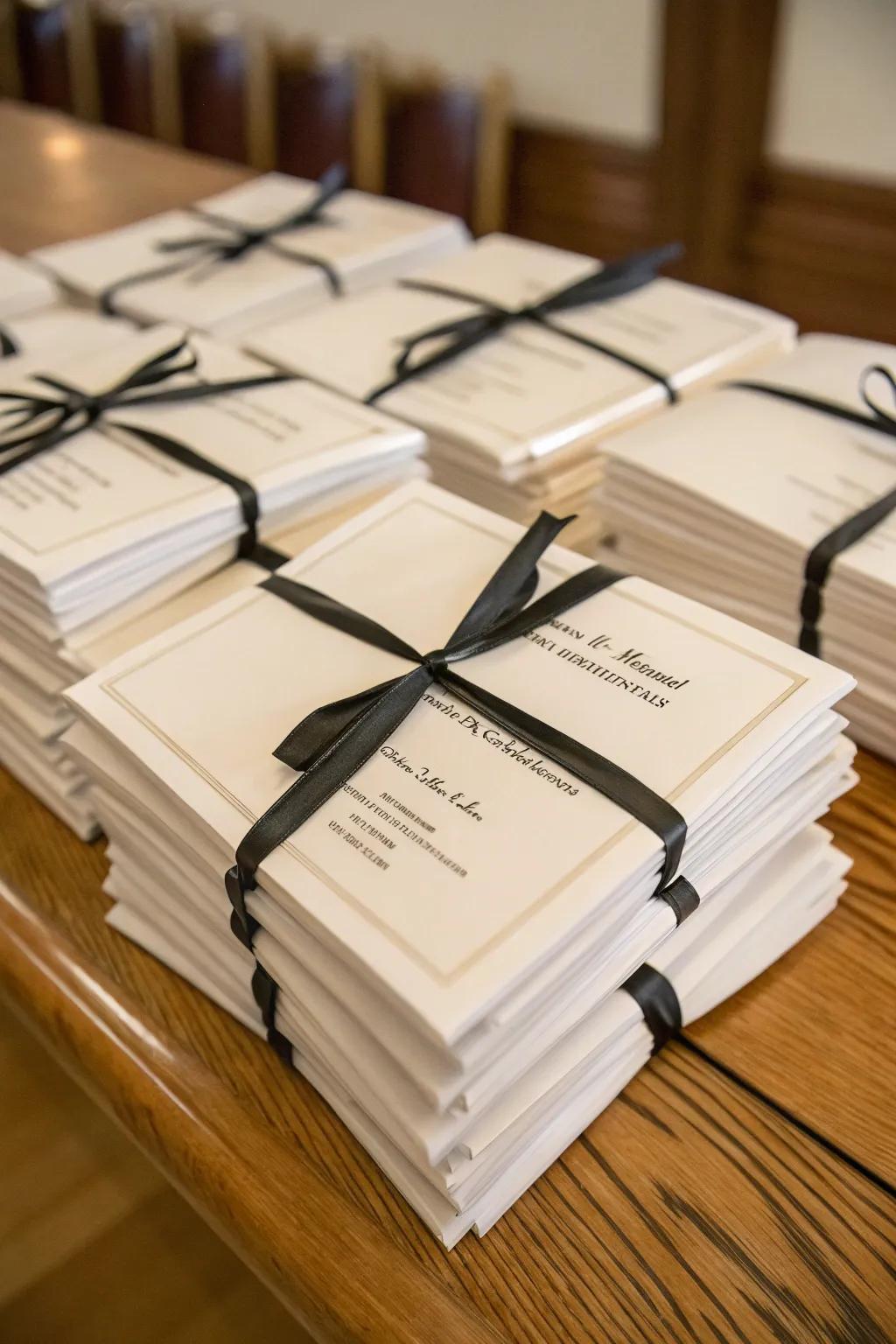 Personalized ceremony programs with dark-colored ribbons add a sleek detail.