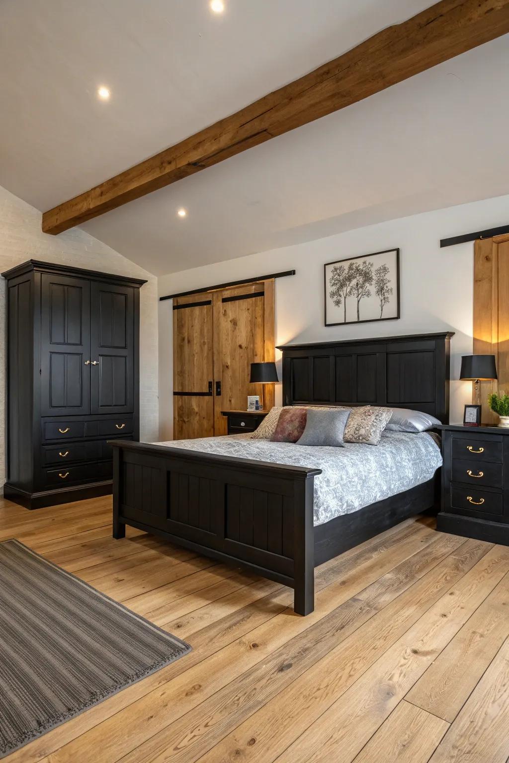 Natural wood elements bring warmth to this dark-themed bedroom.