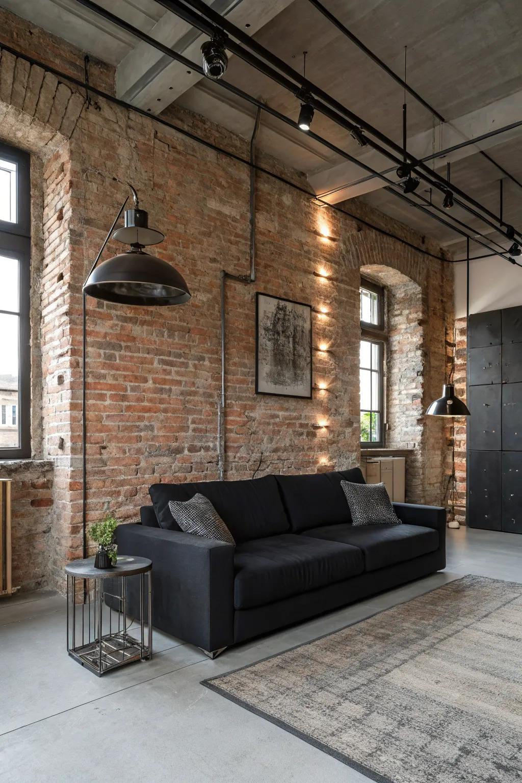 A black couch with an industrial edge.