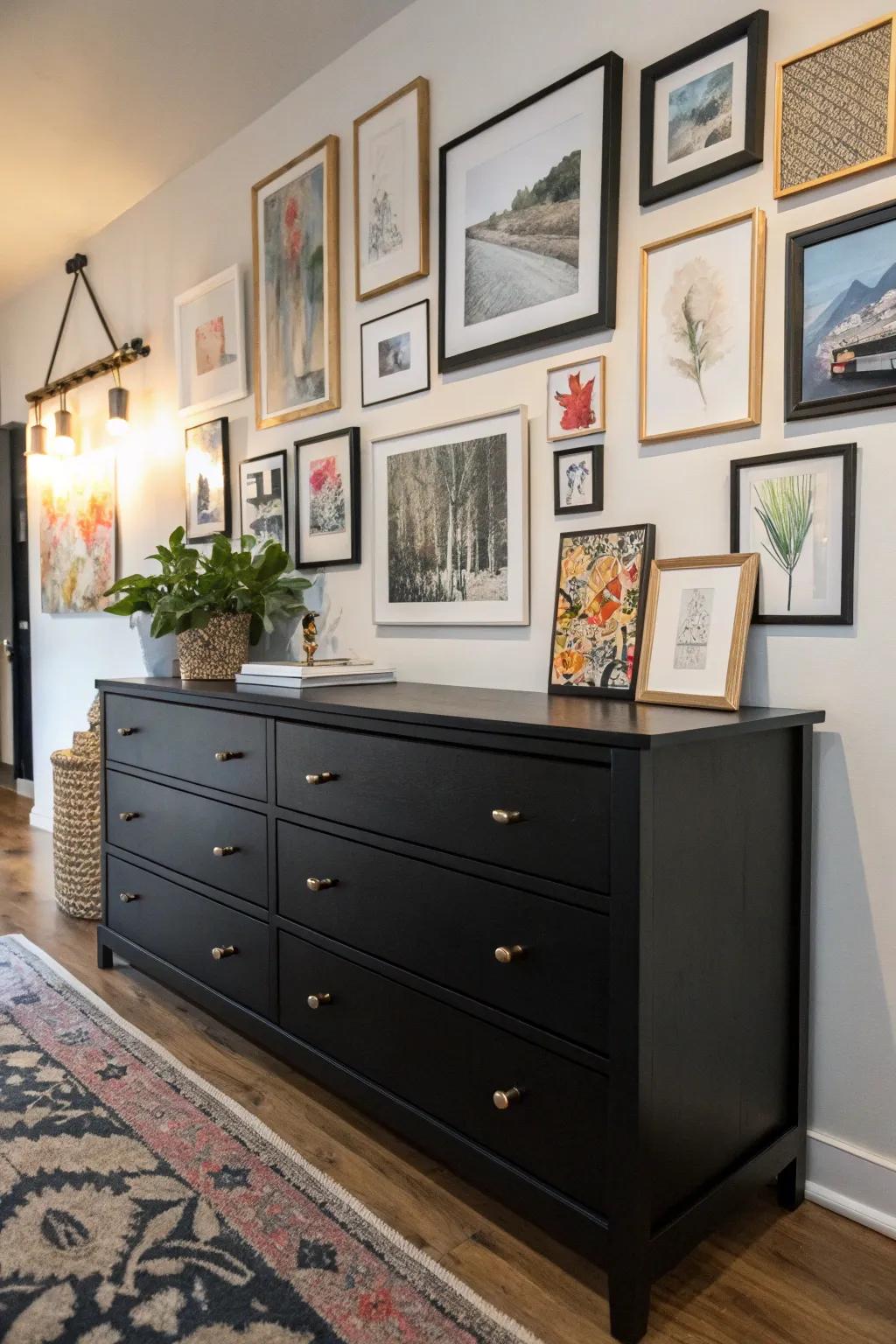 A dark stained dresser serving as a base for an artistic gallery display.