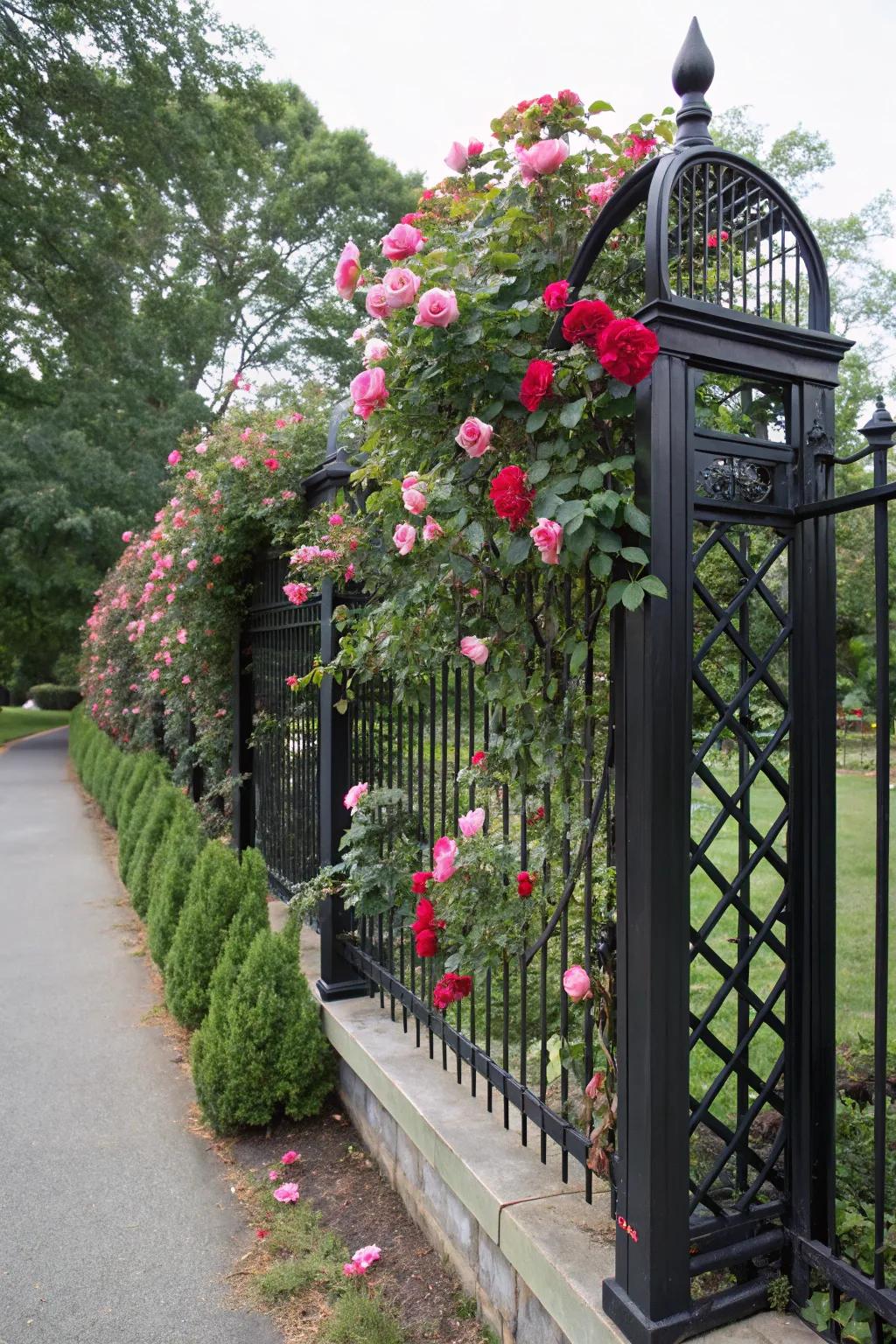 A decorative trellis on a black fence supports climbing roses.