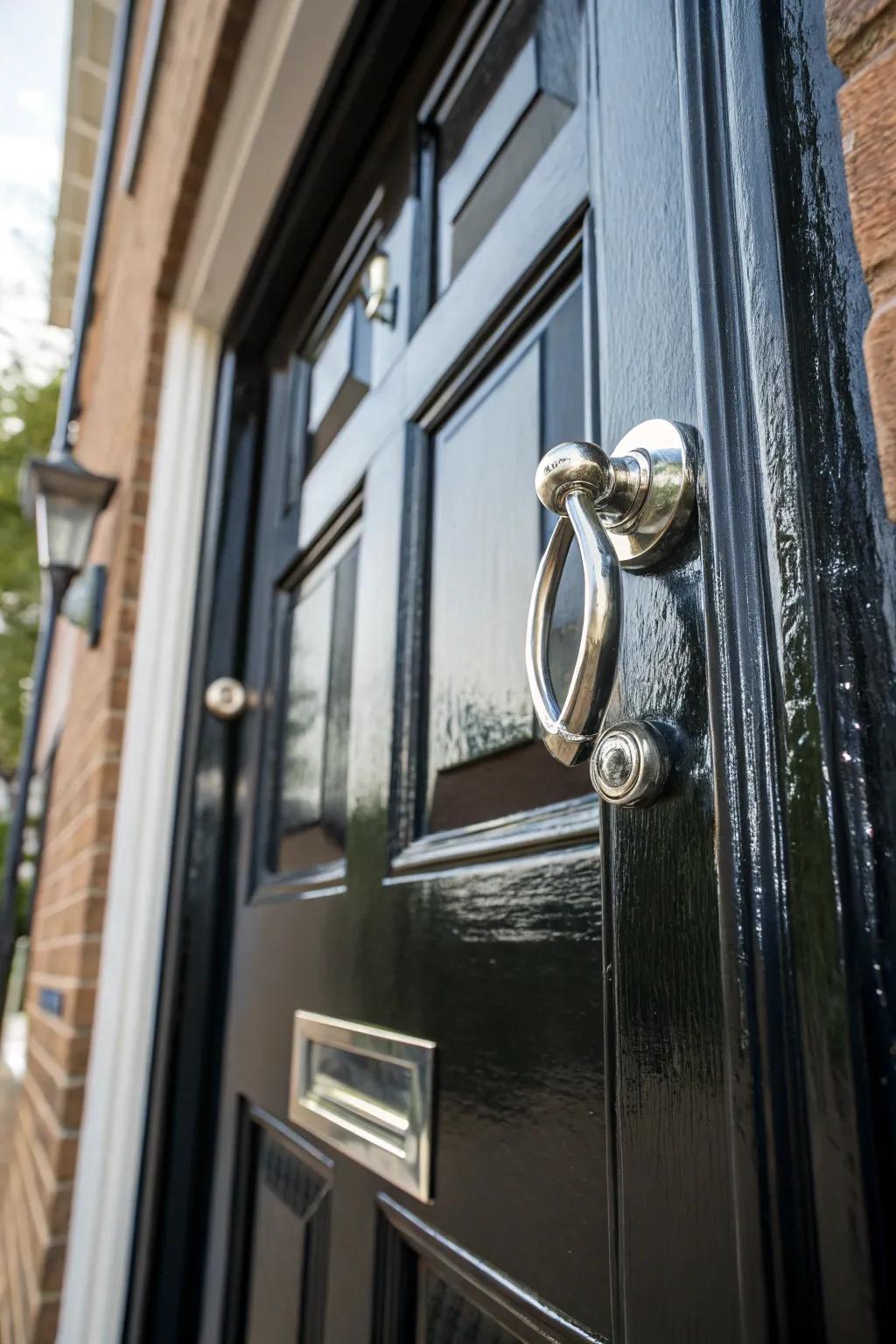 A minimalist metallic handle accentuating a dark-toned door's beauty.