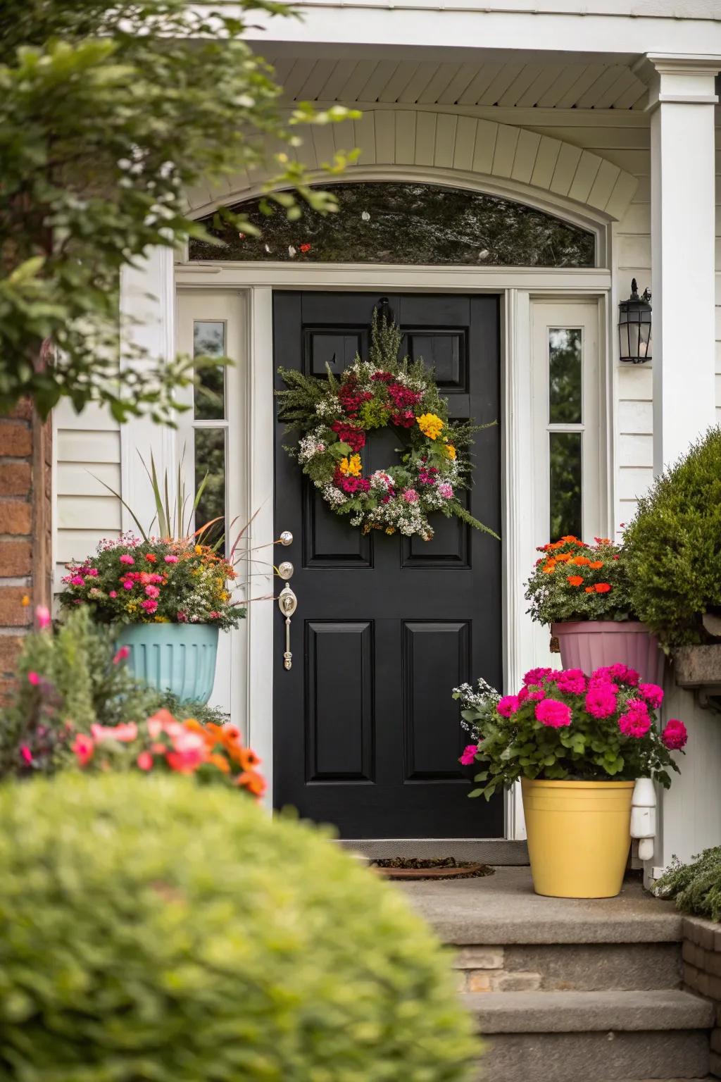 A vibrant wreath and colorful plant pots bring character to a black door with white trim.