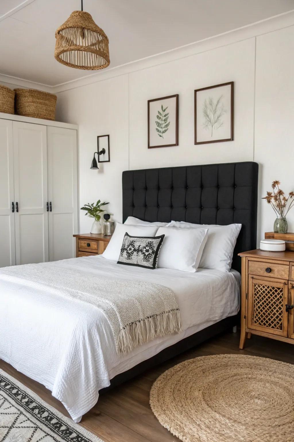 Timeless bedroom with striking dark and light contrasts