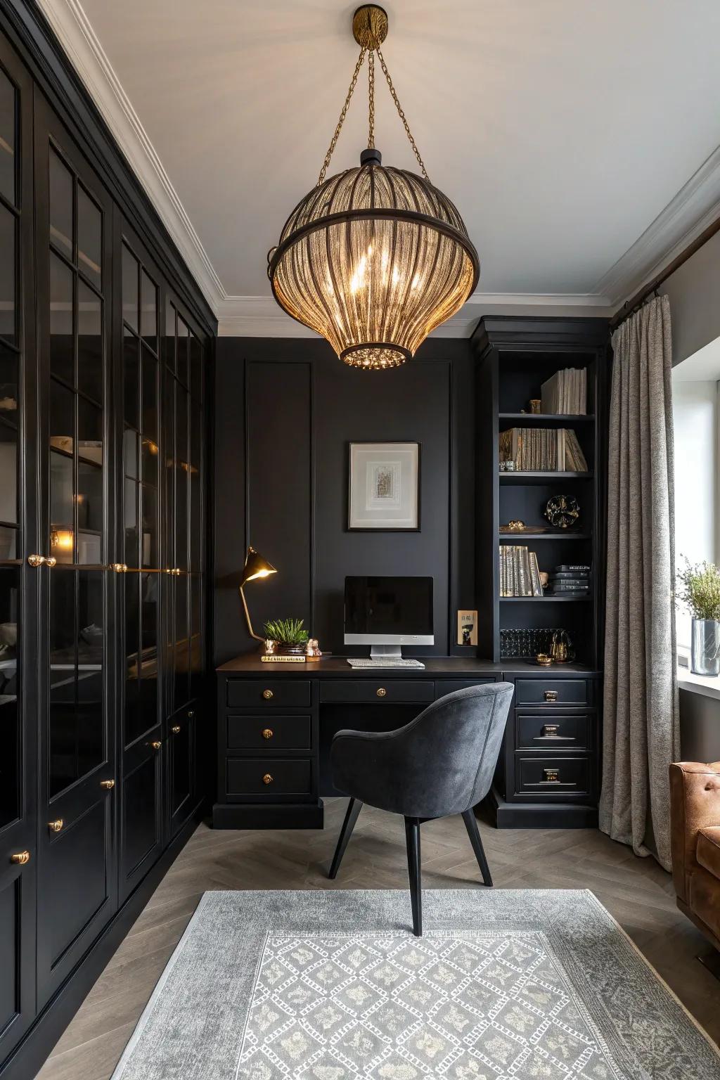 Dramatic lighting highlights the office space.