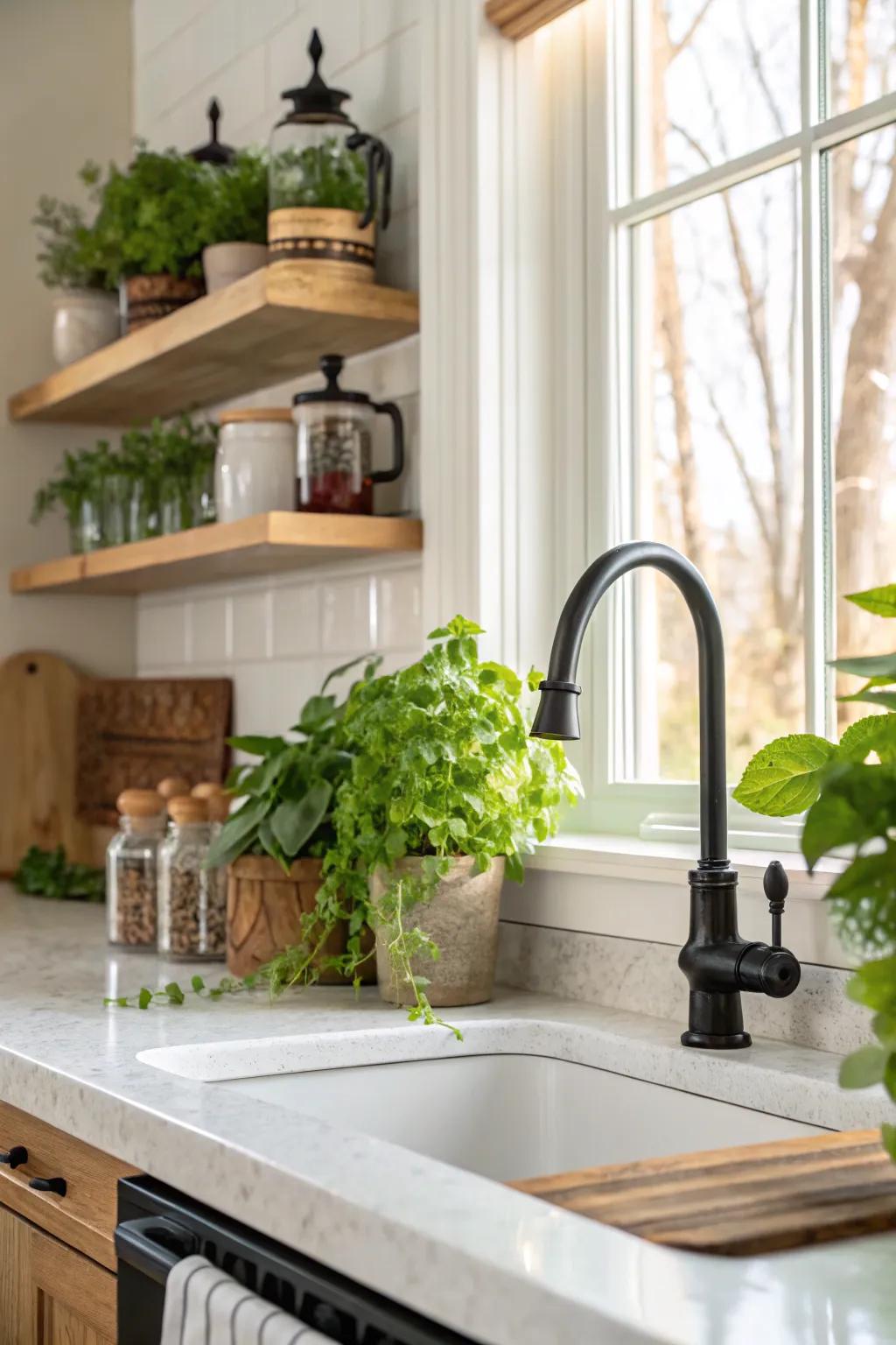 Decorative elements integrate seamlessly with the dark toned faucet in this inviting kitchen.