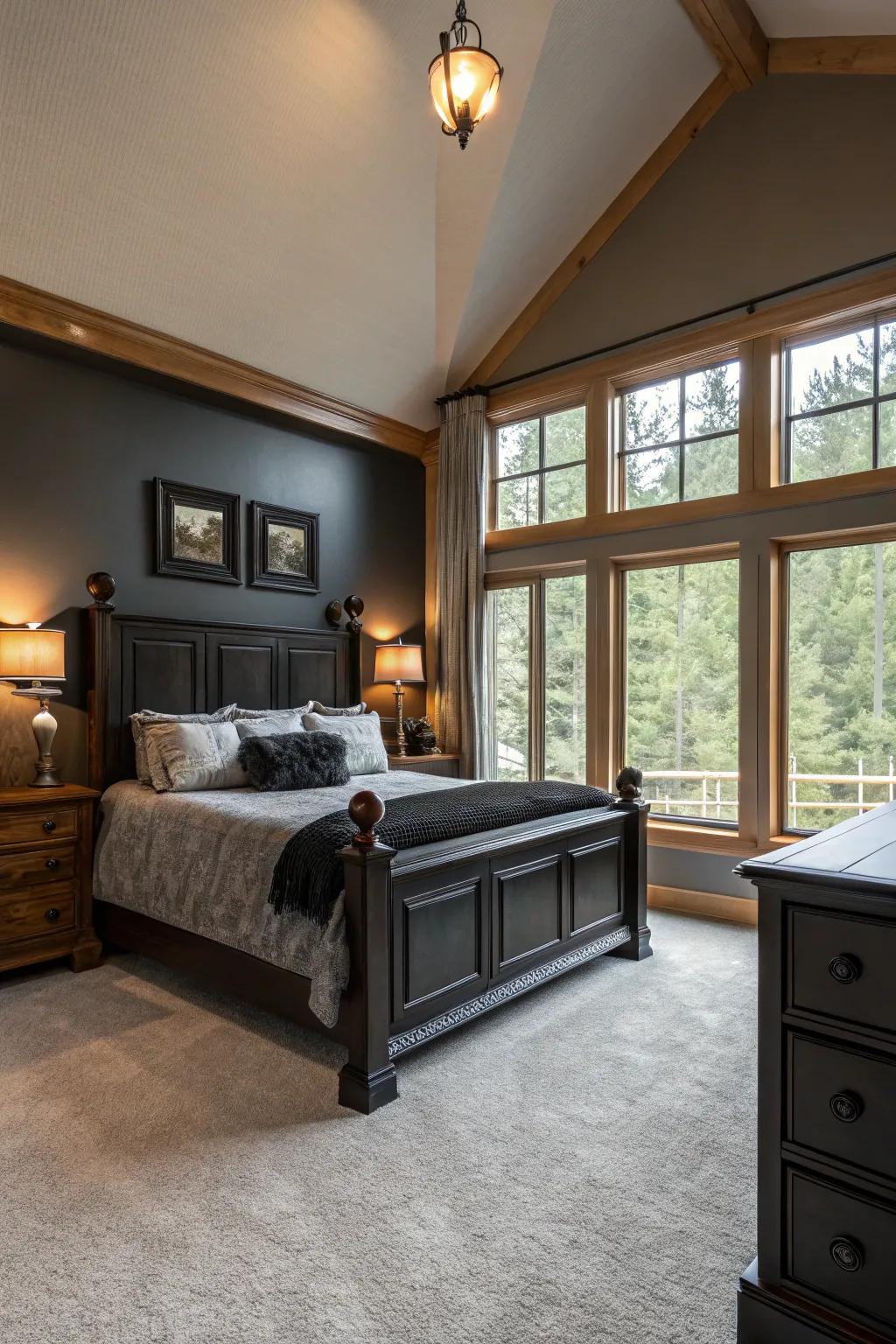 Natural wood elements add warmth to a sleek black decor.