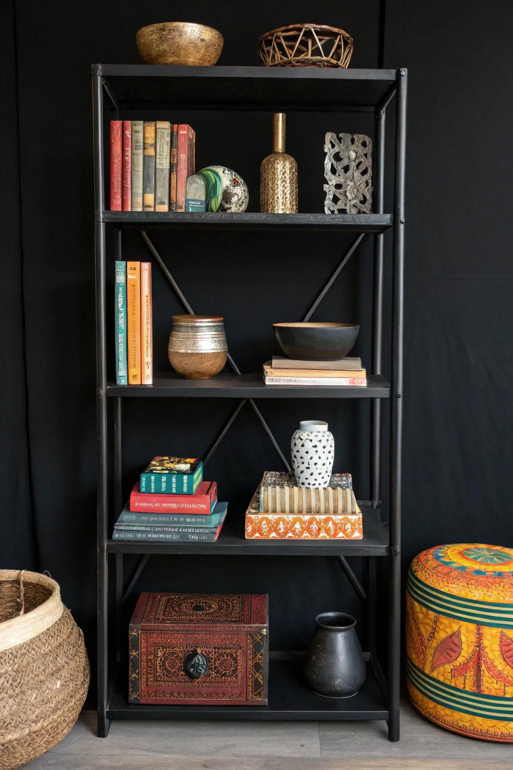 Layered decor items adding depth to a black shelf.