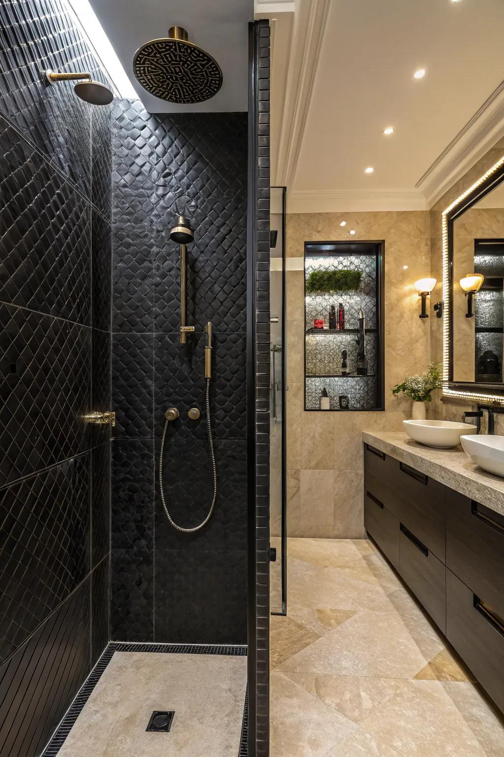 Textures enrich depth and visual appeal in dark showers.