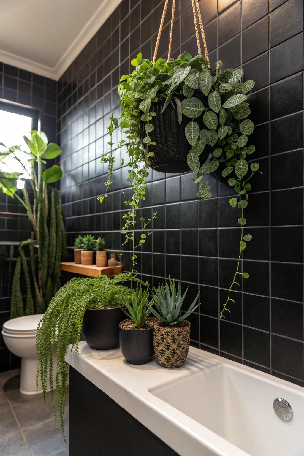 Greenery softens the boldness of dark stone panels, creating a calming atmosphere.