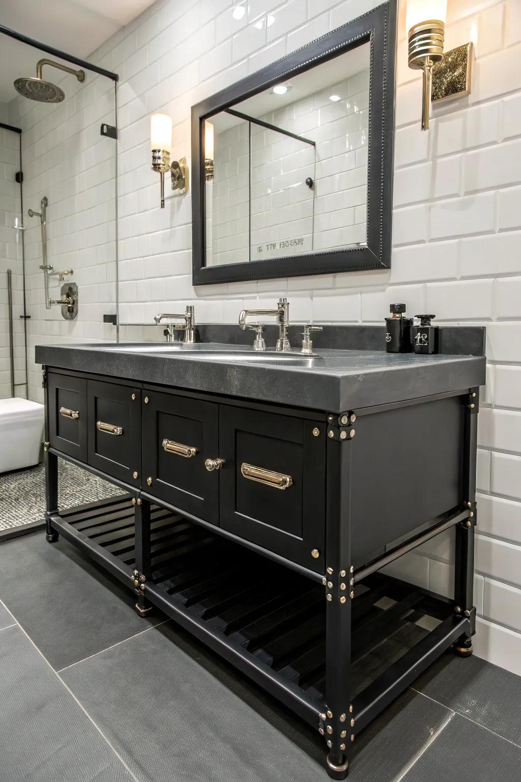 Industrial metal fixtures paired with a dark vanity create a chic, urban bathroom vibe.