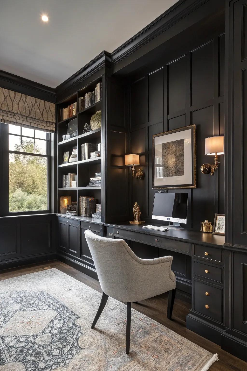 A home office enhanced with character-boosting black wainscoting.