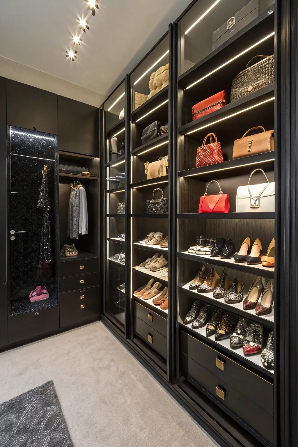Accessories become artwork in this stylish and arranged closet.