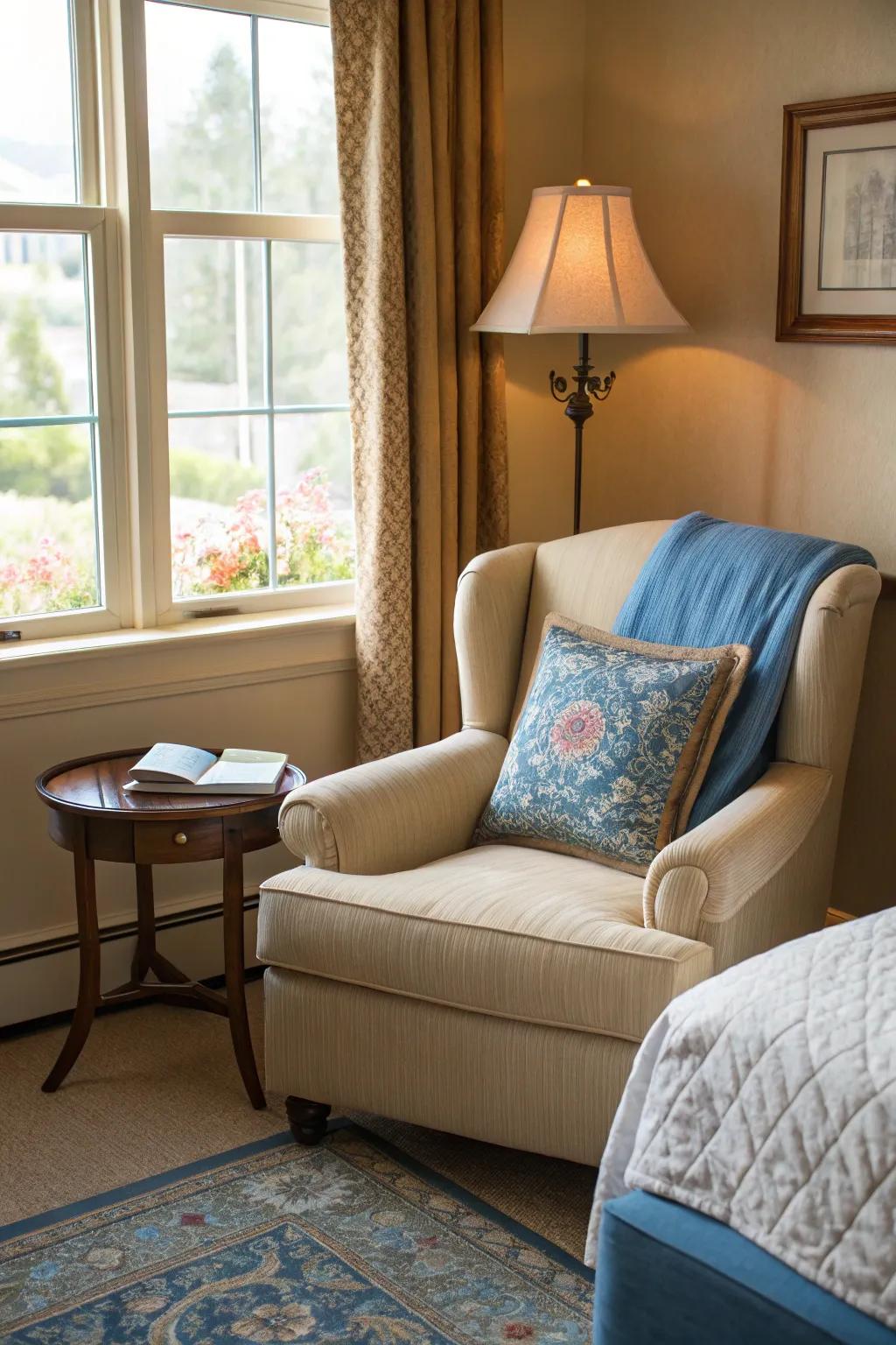 A place for reading and relaxation is created by the blue cushions on the beige armchair.