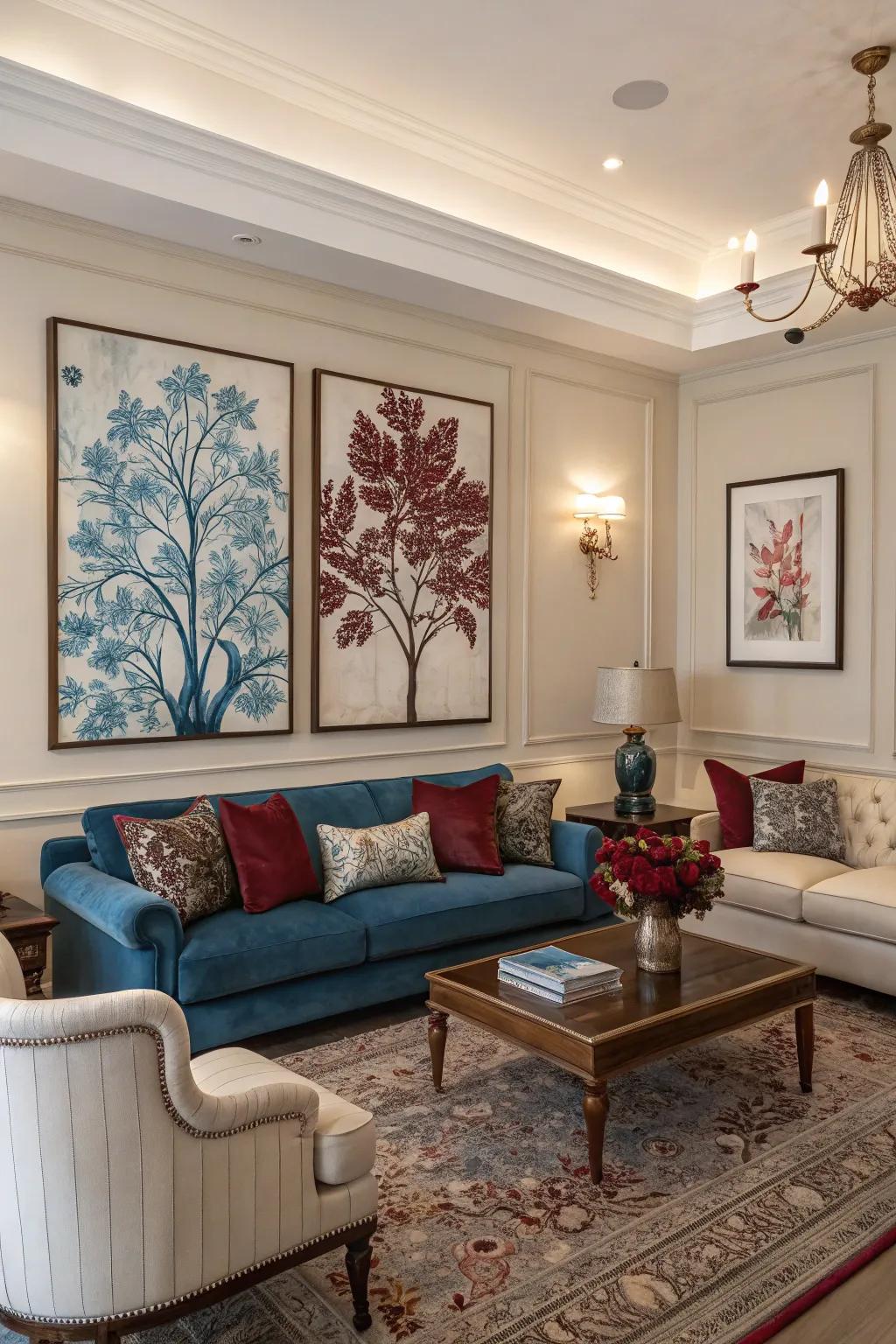 Artwork featuring sapphire and wine hues ties the room together beautifully.