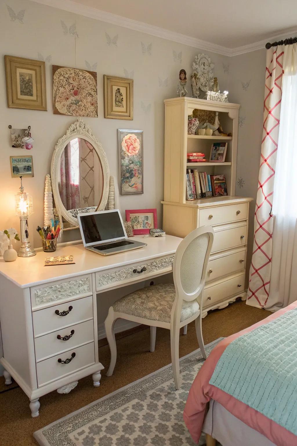 Varied furniture adds personality and style to the room.