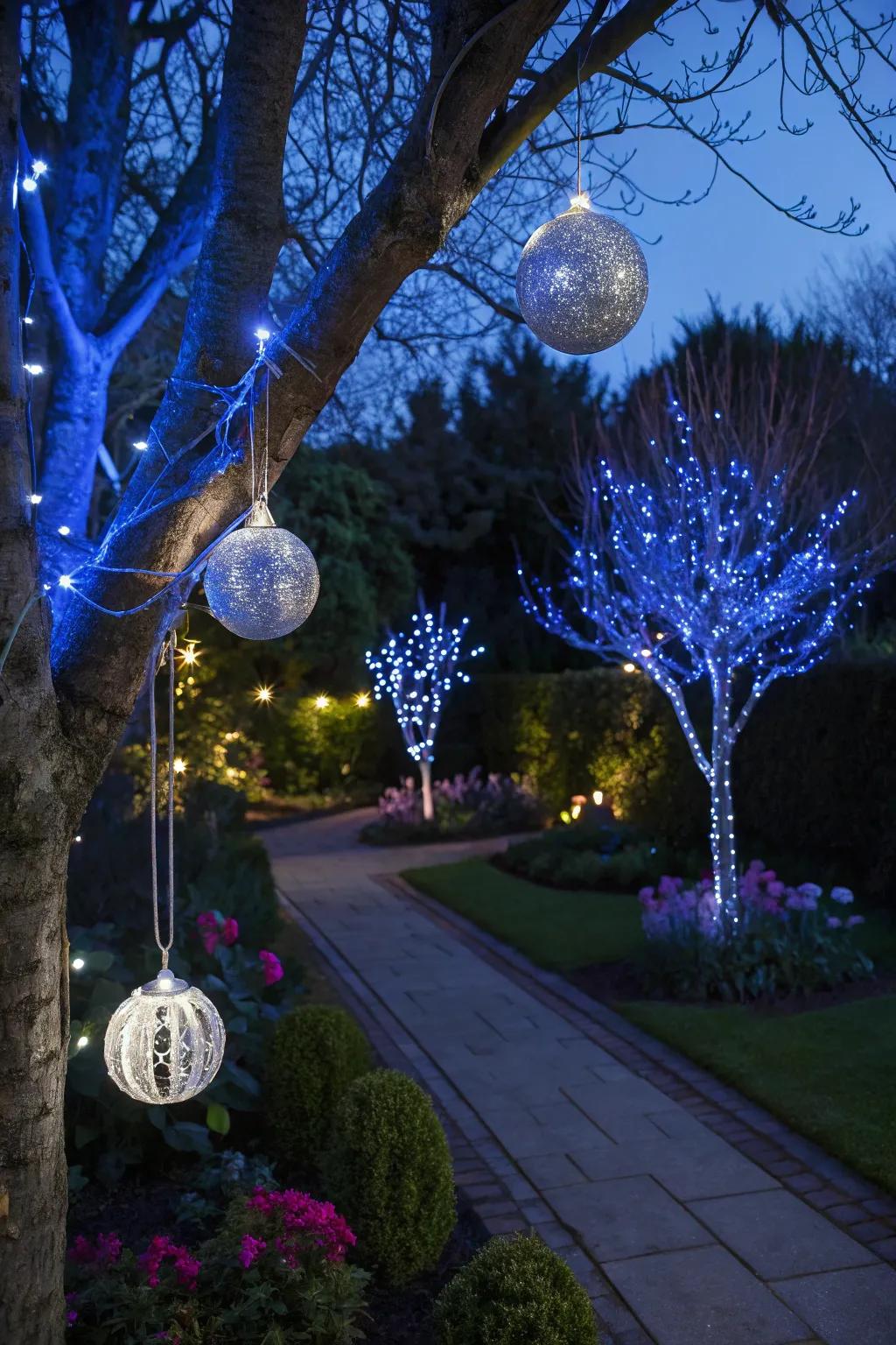 Magical blue and silver outdoor Christmas decorations