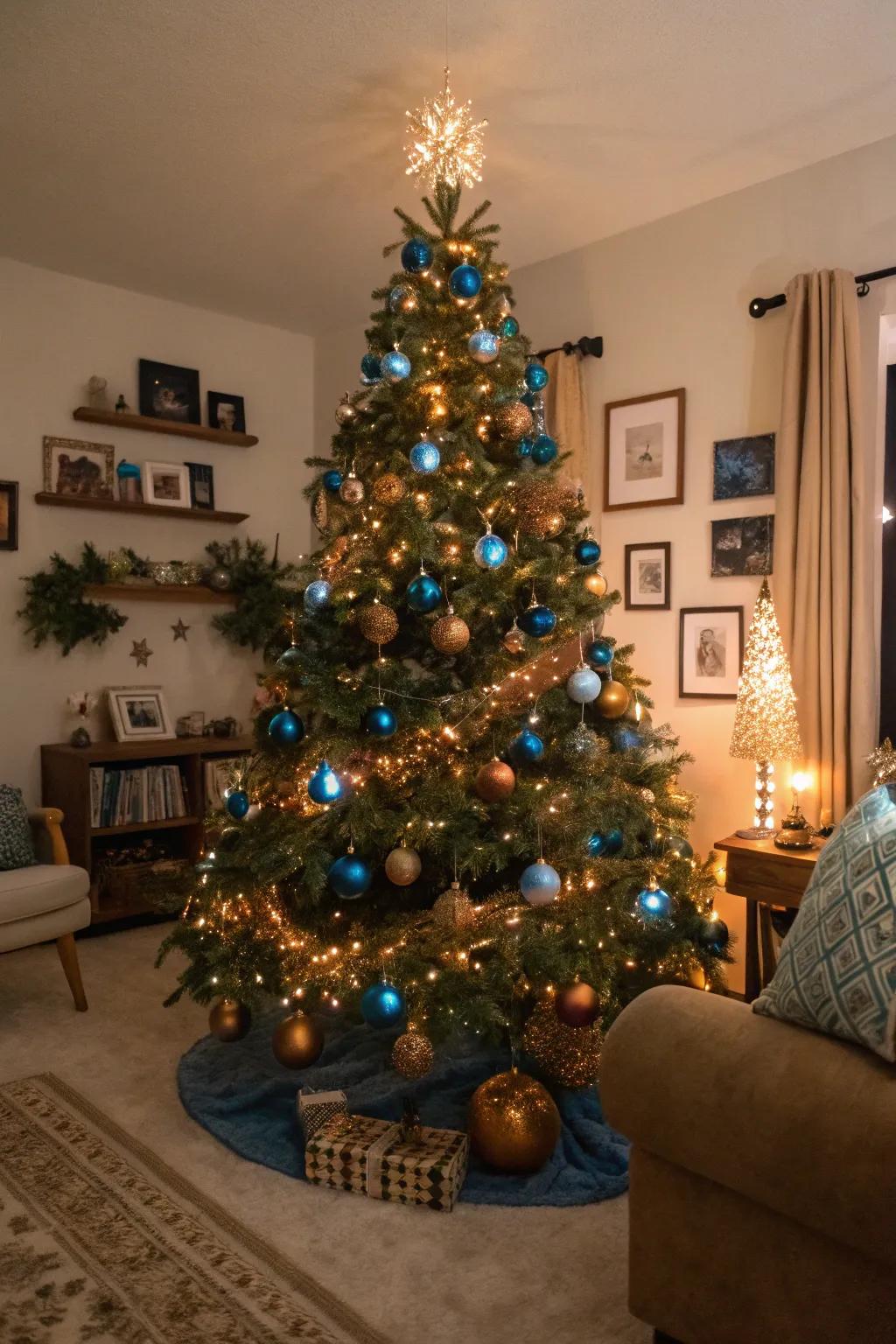 A warm and welcoming azure and bronze Christmas tree.