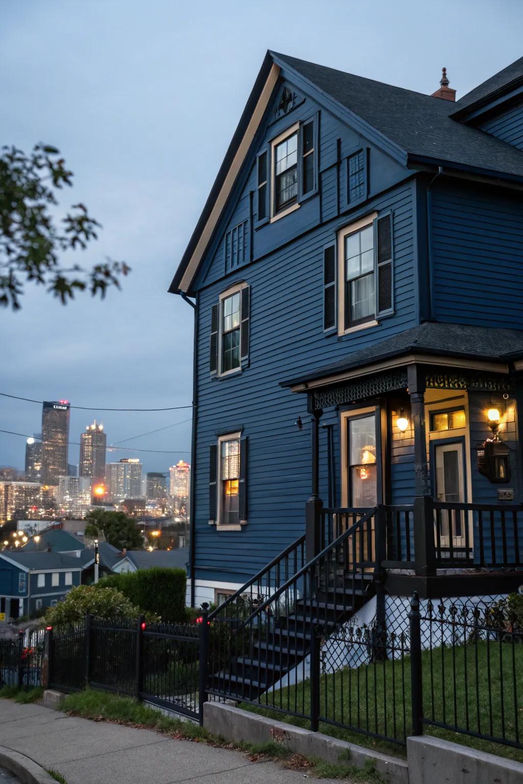 Dark details create a striking contrast on blue walls.