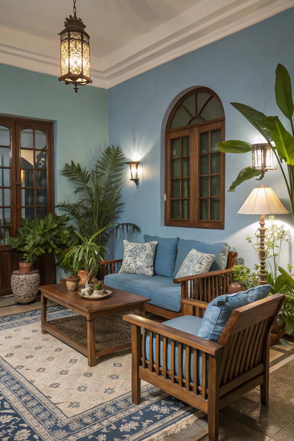 Natural complements enhance the blue tones, establishing a warm and inviting ambiance.