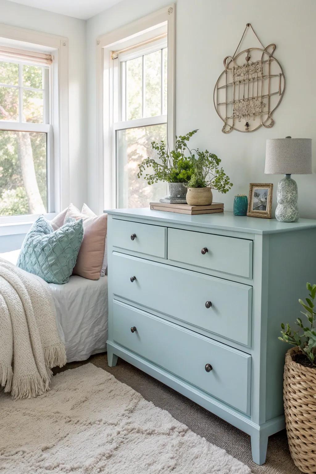 A sky blue dresser adding a serene touch to a tranquil bedroom.