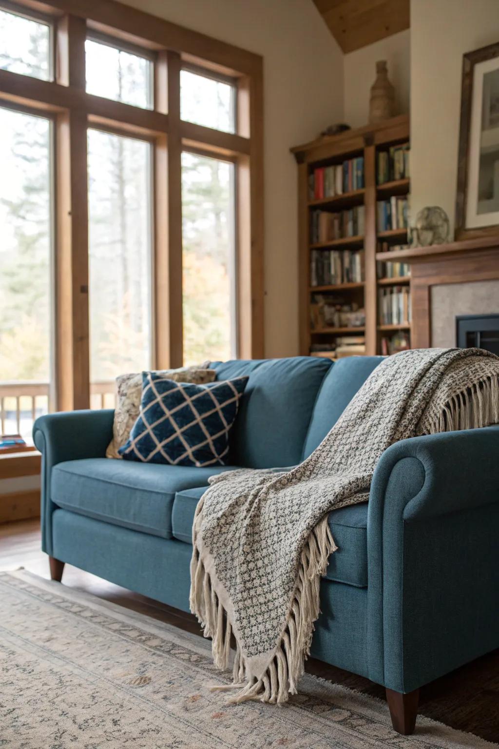 Textured blankets add warmth to a blue sofa setting.