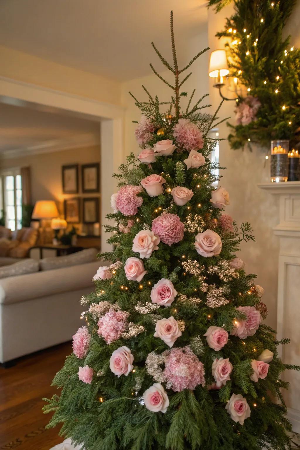 Gentle pink floral accents contribute a romantic, fresh feel.
