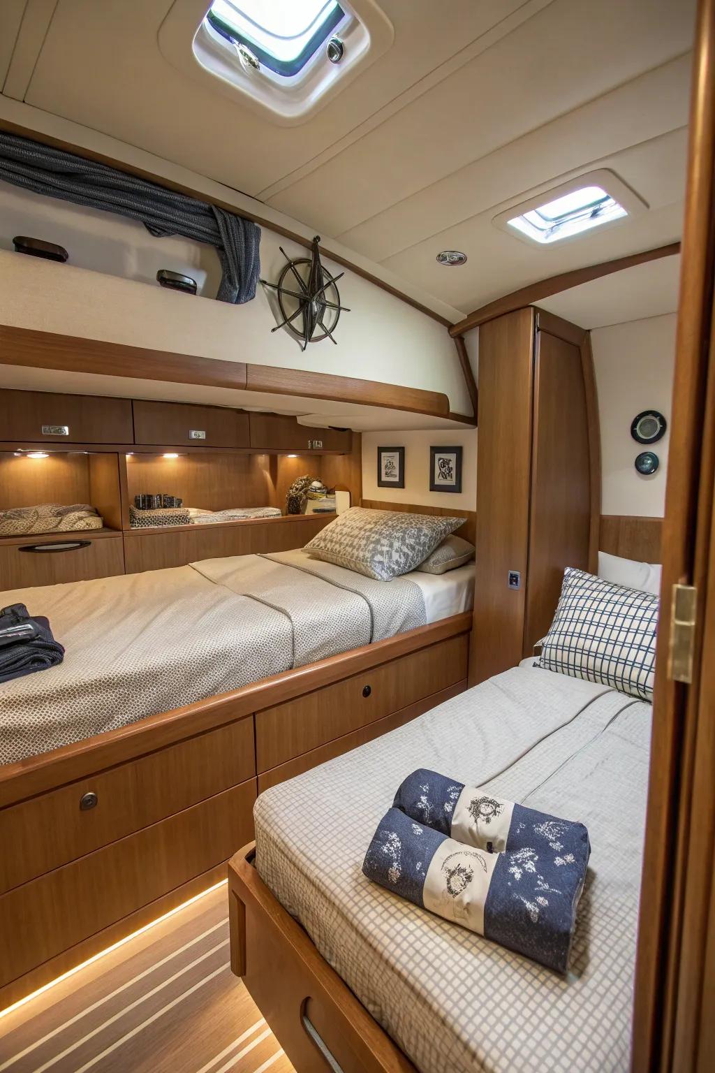 Bedding featuring integrated storage solutions for a tidy cabin.