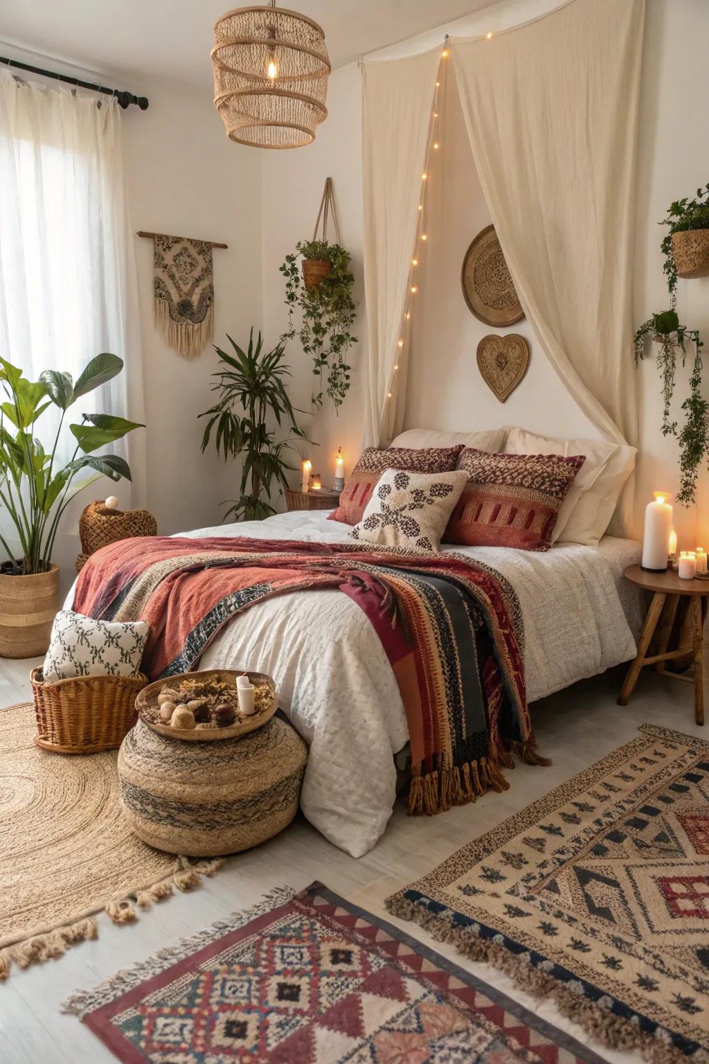 A diverse mix of styles and textures gives this boho bedroom a unique feel.