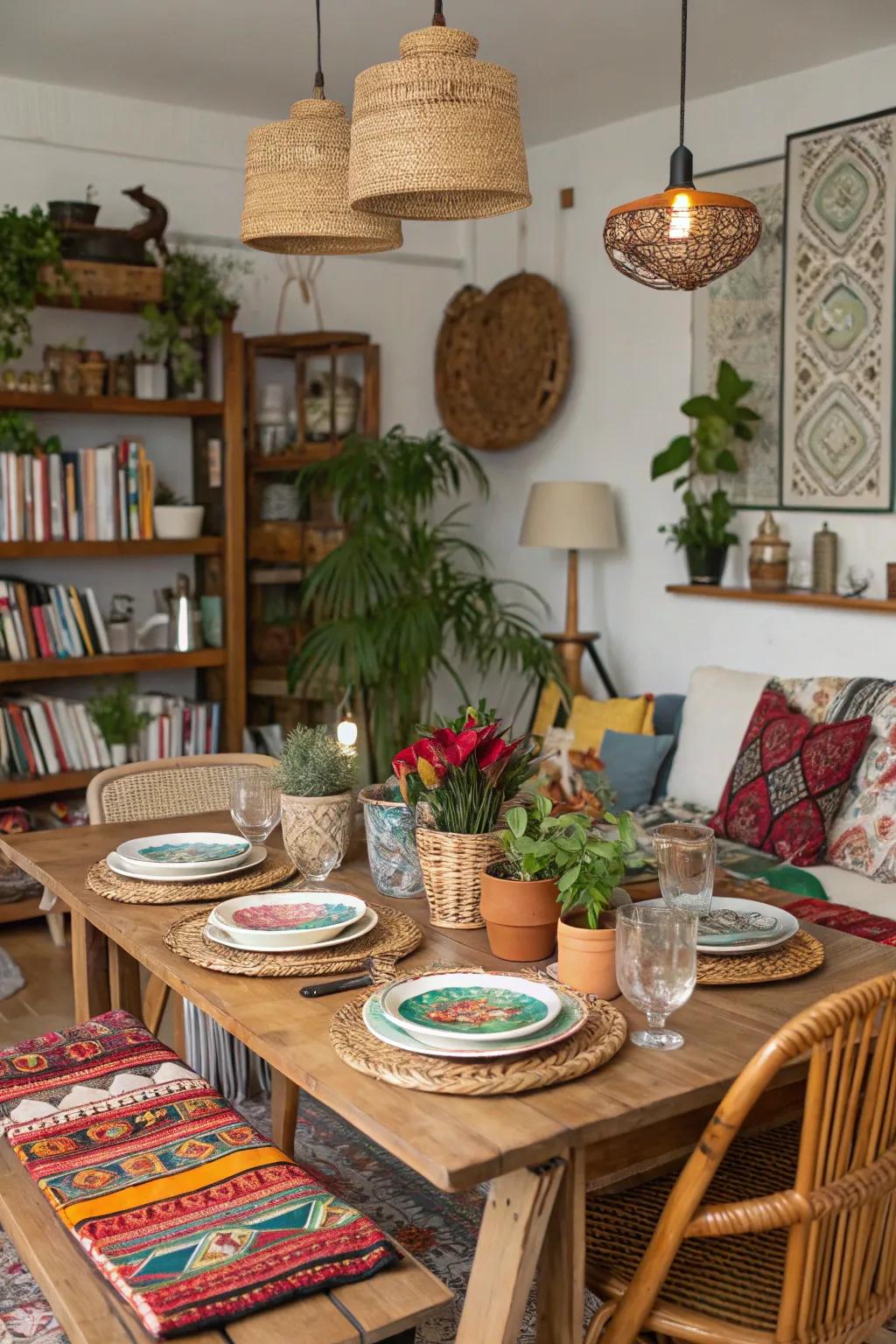 A casual arrangement inviting relaxation in a boho dining space.