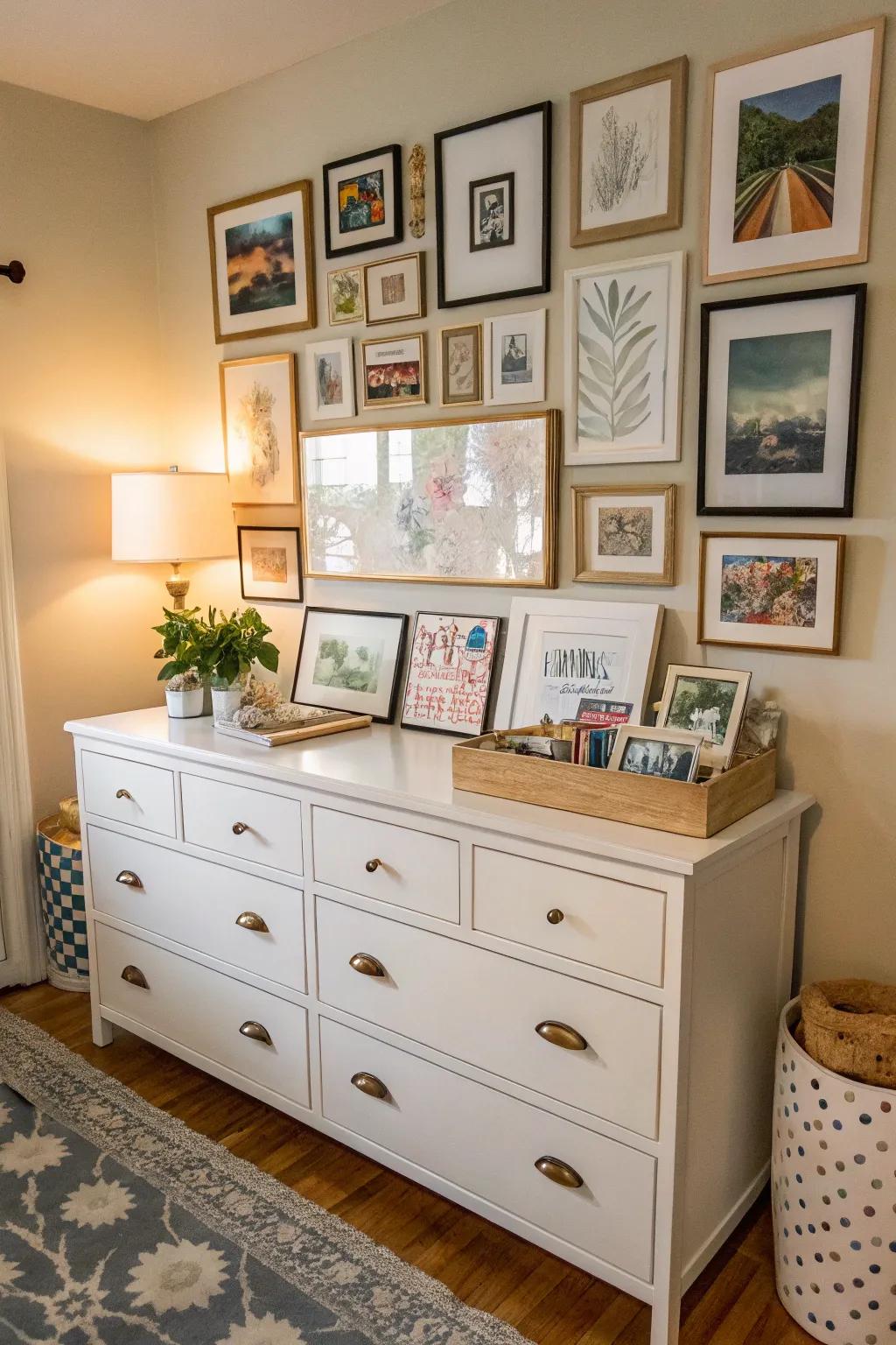 A gallery wall above the dresser adds personality and style.