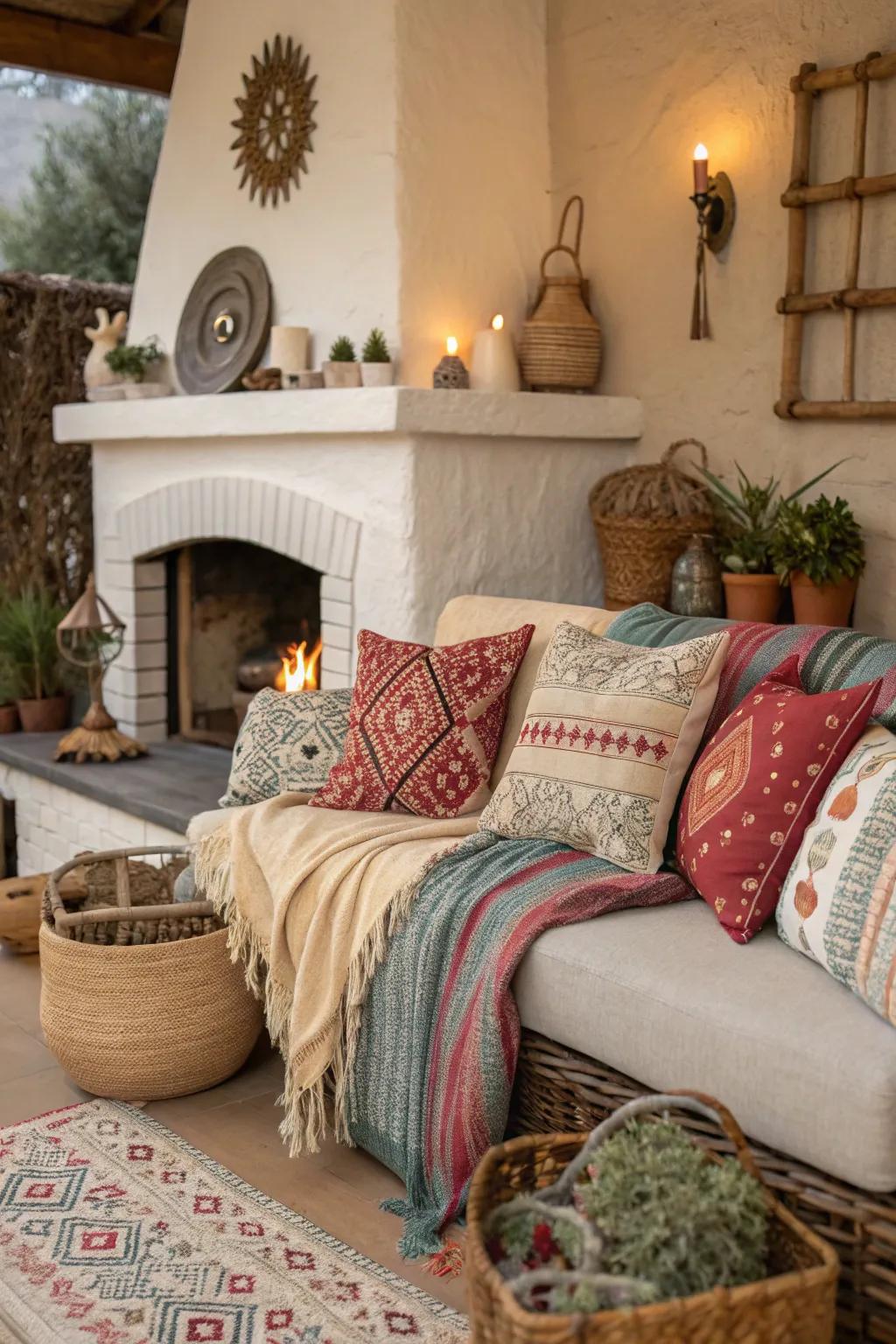 An intimate seating arrangement featuring cushions near a fireplace, ideal for relaxation in a bohemian setting.
