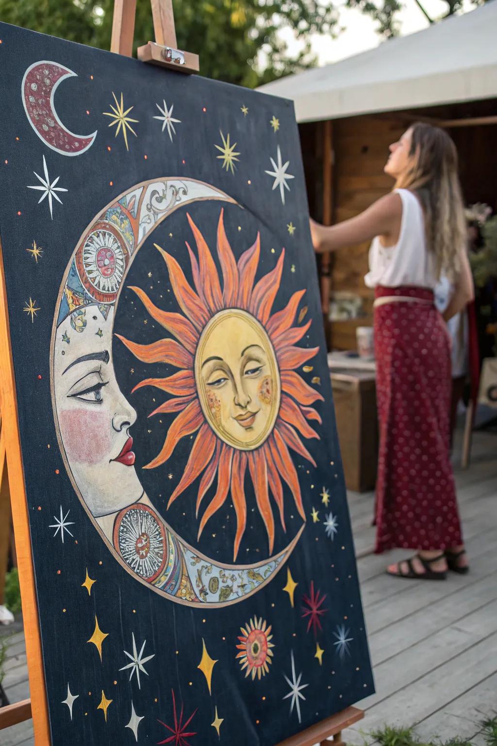 A boho-style painting that honors the cosmic dance between the sun and moon.