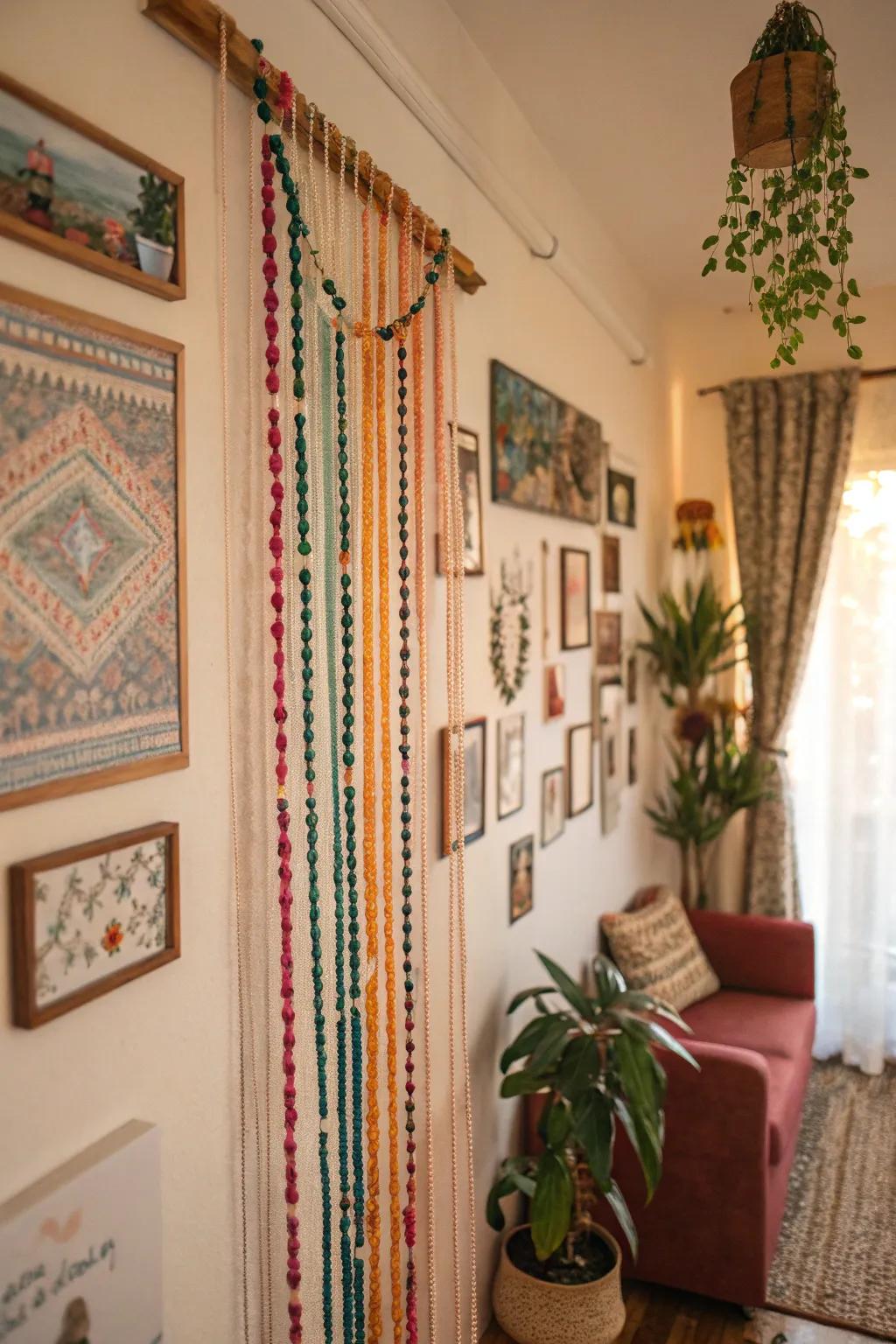 This bohemian wall is given a whimsical and artistic touch by beaded curtains.