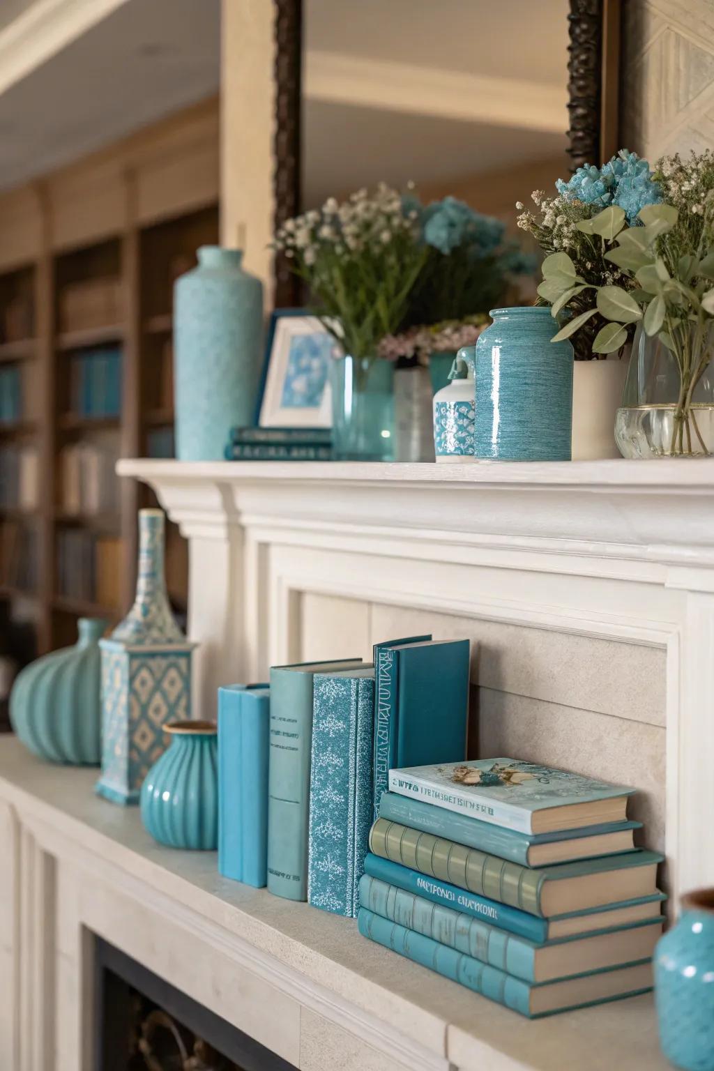 Coordinated colors create a harmonious mantel design.