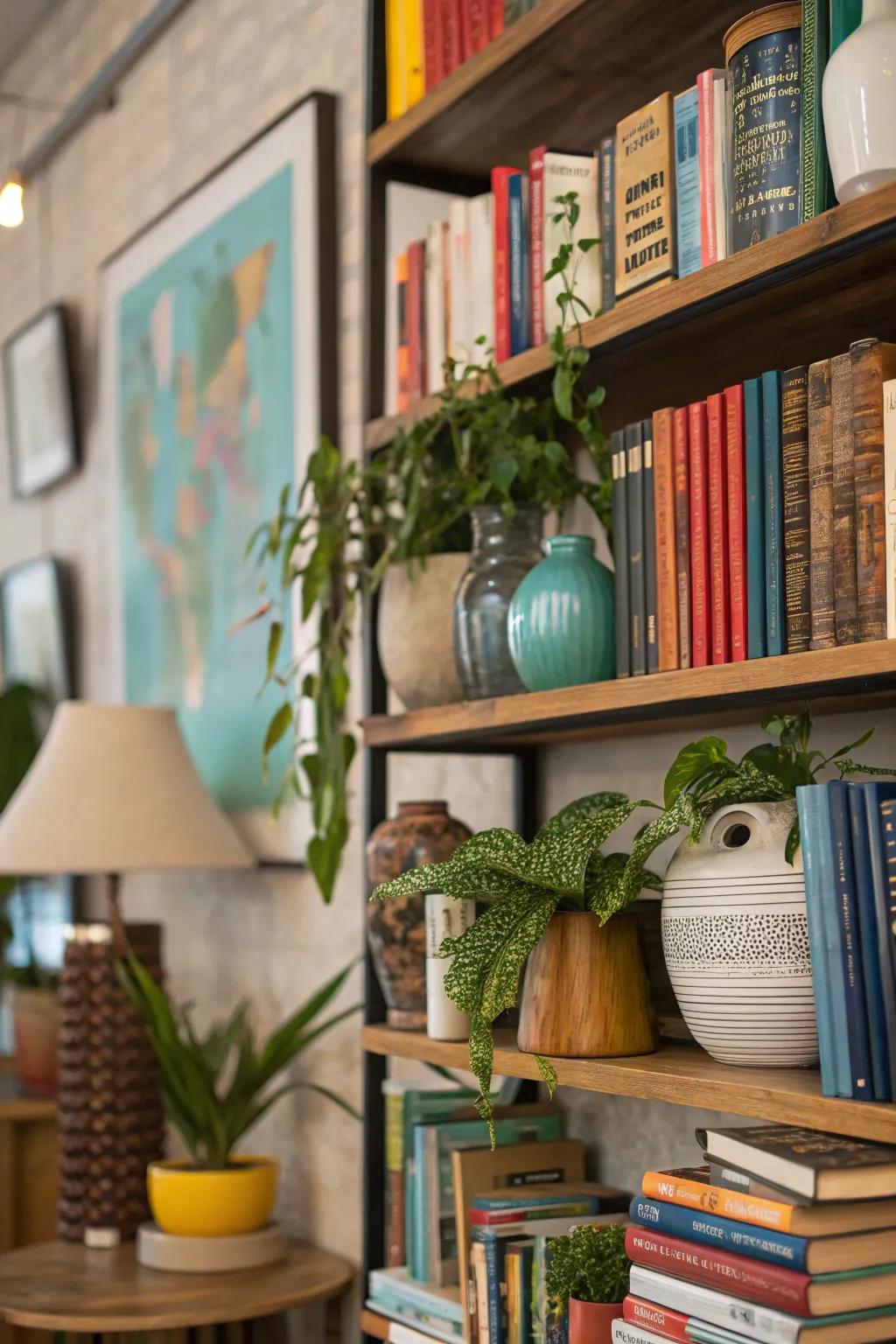 Incorporate books with decor for a vibrant appearance.
