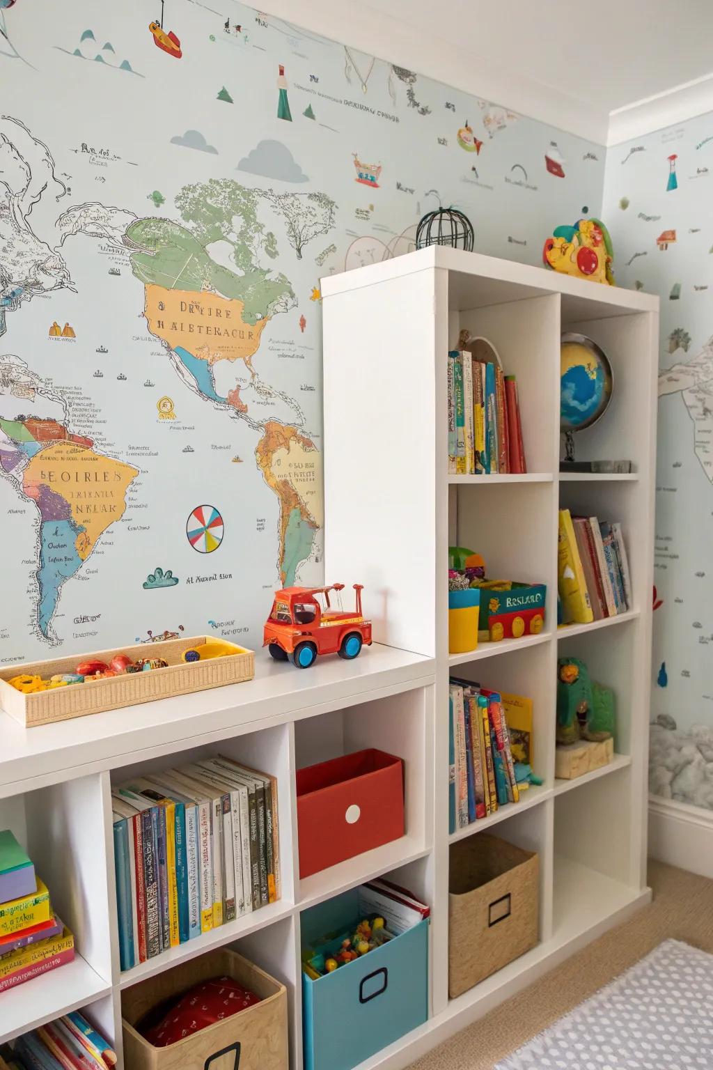 <strong>Bookshelf</strong> in a children&rsquo;s room featuring playful map wallcovering.&rdquo; loading=&rdquo;lazy&rdquo; class=&rdquo;pimg&rdquo;>
	</picture><figcaption><strong>Bookshelf</strong> in a children&rsquo;s room featuring playful map wallcovering.</figcaption></figure>
<p>Integrate enjoyable patterns like maps or playful prints in children&rsquo;s rooms. It not only serves as decoration but also encourages creativity.</p>
<h3>Some handy options:</h3>
<ul class=