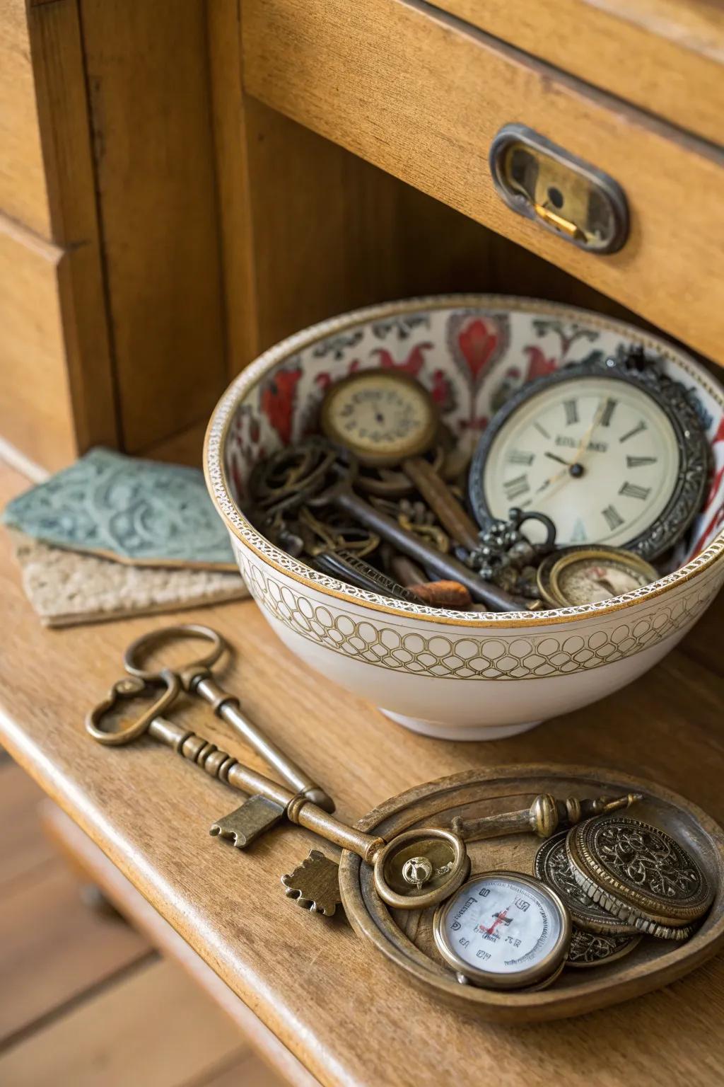 A bowl filled with antique keys and watches for a nostalgic touch