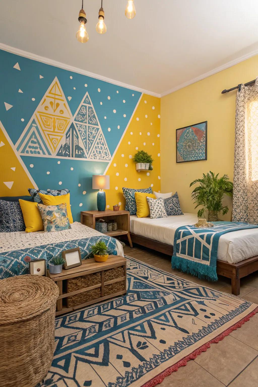 A daring feature wall adds fun to the room’s design.
