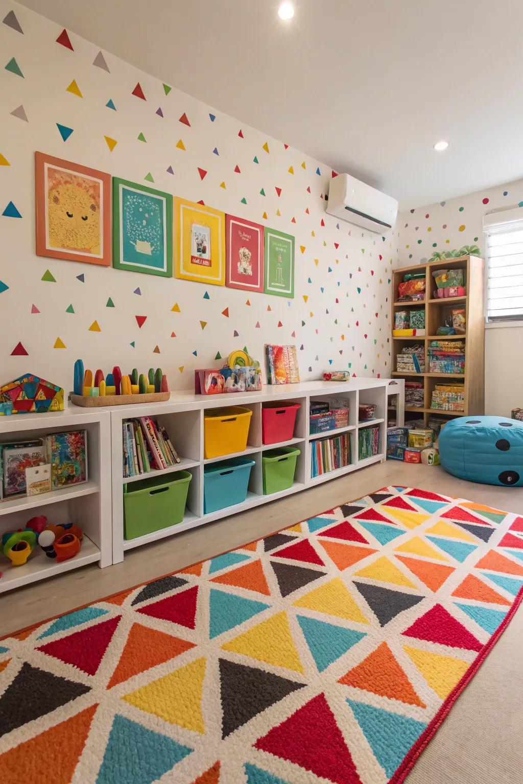 Strong hues and designs that introduce vitality and enjoyment to the playroom.