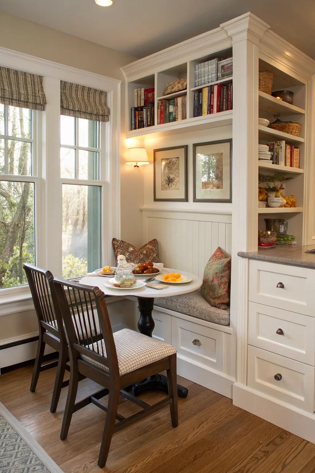 Concealed storage in seating keeps your nook neat and organized.