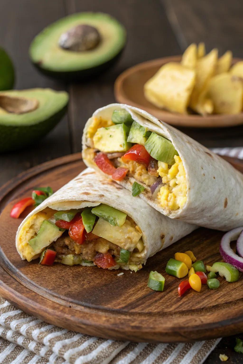 A substantial breakfast wrap stuffed with crisp vegetables.